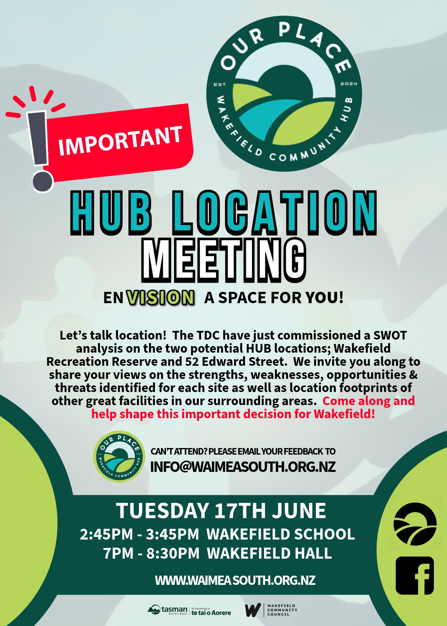 Poster for the Wakefield Community Hub "Hub Location Meeting" on Tuesday, 17th June. It highlights two meeting times: 2:45 PM–3:45 PM at Wakefield School and 7:00 PM–8:30 PM at Wakefield Hall. The event invites the community to discuss potential hub locations—Wakefield Recreation Reserve and 52 Edward Street—based on a SWOT analysis. Community input is encouraged to help shape the decision. Contact email is info@waimeasouth.org.nz, and the website is www.waimeasouth.org.nz. The poster includes logos for Our Place Wakefield Community Hub, Tasman District Council, and Wakefield Community Council.